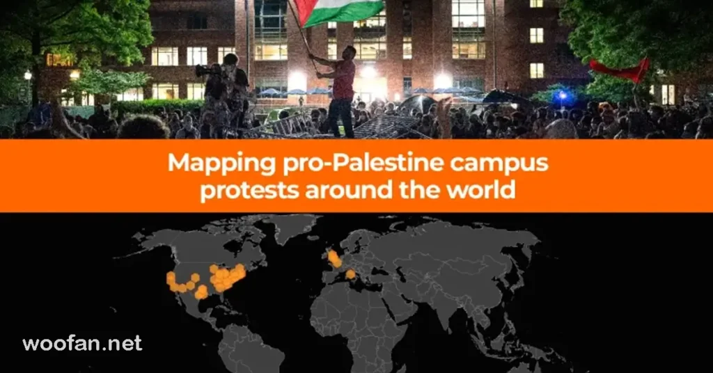 จัดทำแผนที่ การประท้วงในวิทยาเขตของวิทยาลัยที่สนับสนุนปาเลสไตน์ทั่วโลก การประท้วงและการนั่งประชุมสนับสนุนชาวปาเลสไตน์กำลังแพร่